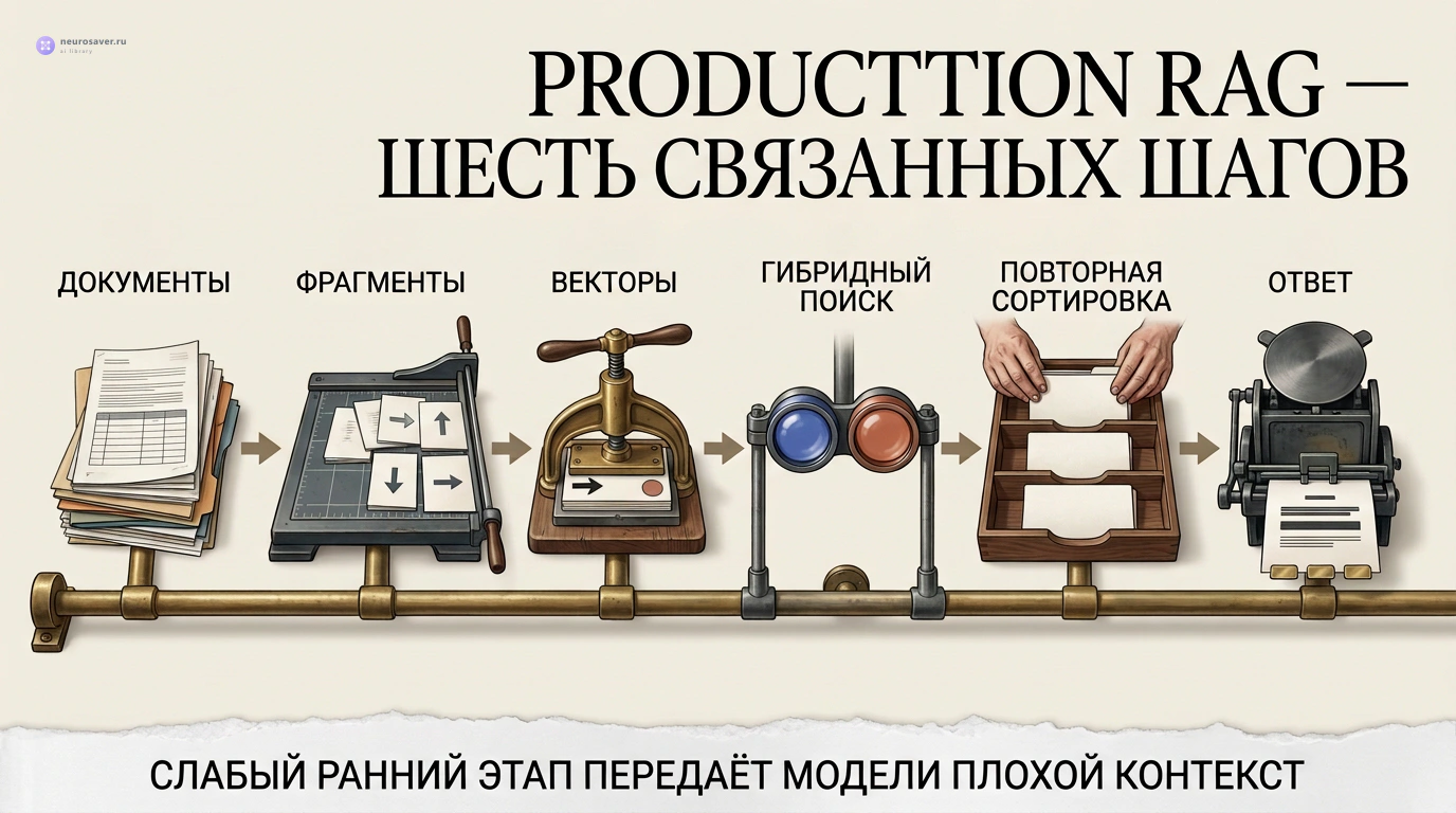 Документы проходят нарезку, векторное представление, гибридный поиск и повторную сортировку, после чего лучшие фрагменты становятся контекстом для ответа.
