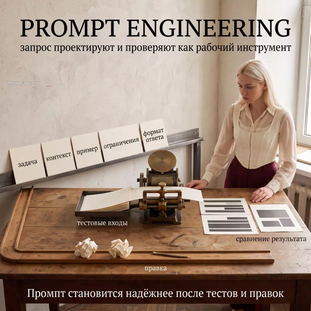Редактор собирает промпт из задачи, контекста, примера, ограничений и формата ответа, проверяет его на тестовых входах, сравнивает результаты и возвращает на правку.