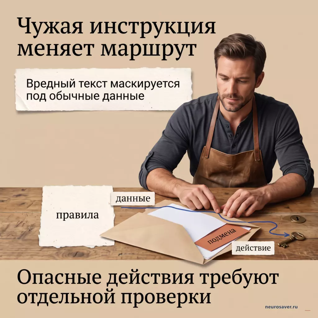 Мужчина сортирует правила, данные и опасную записку, показывая, как prompt injection подменяет маршрут действий модели.