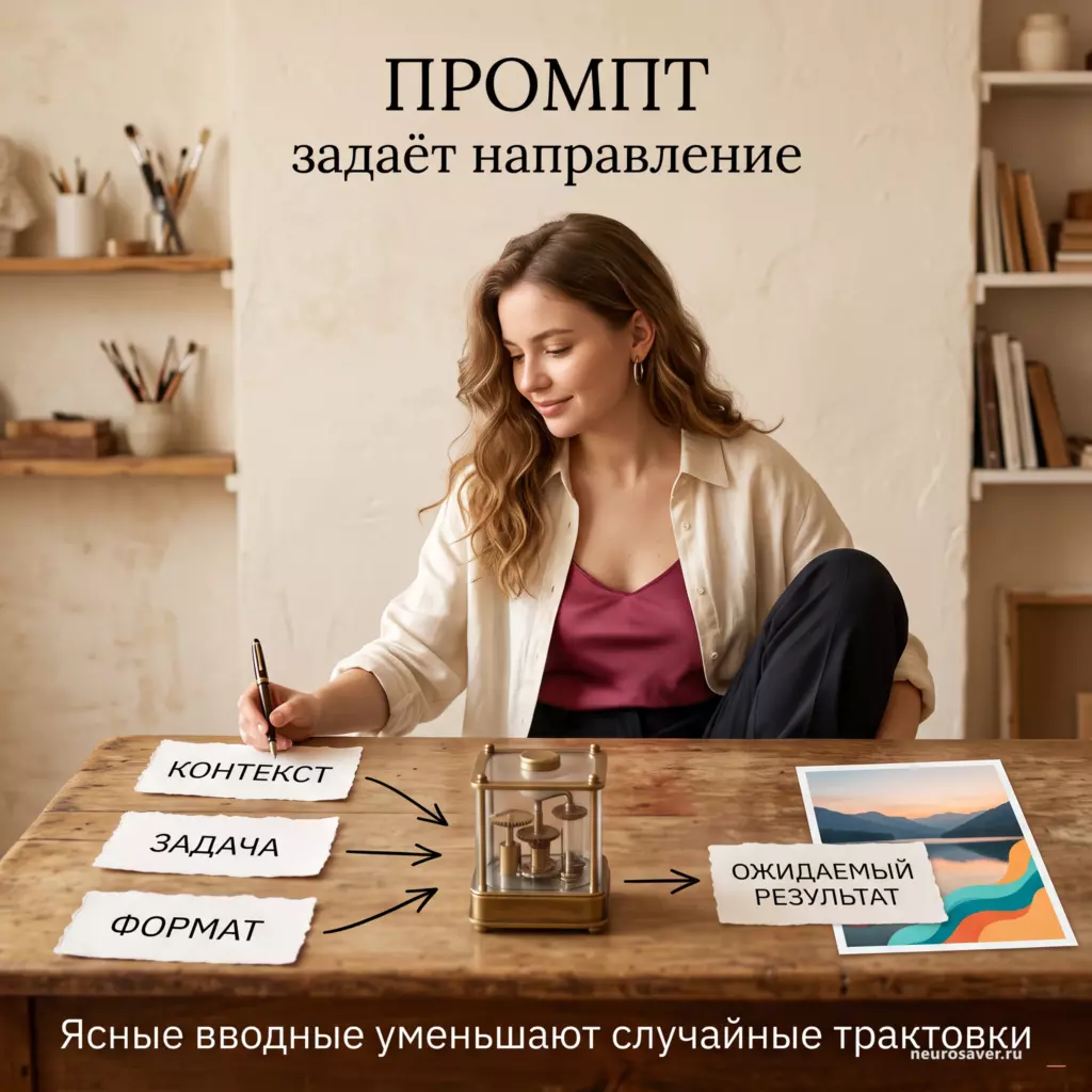 Девушка собирает промпт из контекста, задачи и формата; стрелки ведут через модель к ожидаемому результату.