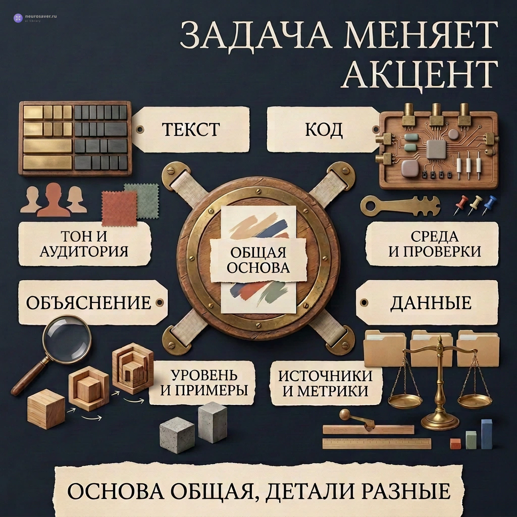 Общая основа промпта соединена с четырьмя типами задач, где меняется главный акцент: текстом, кодом, данными и объяснением.