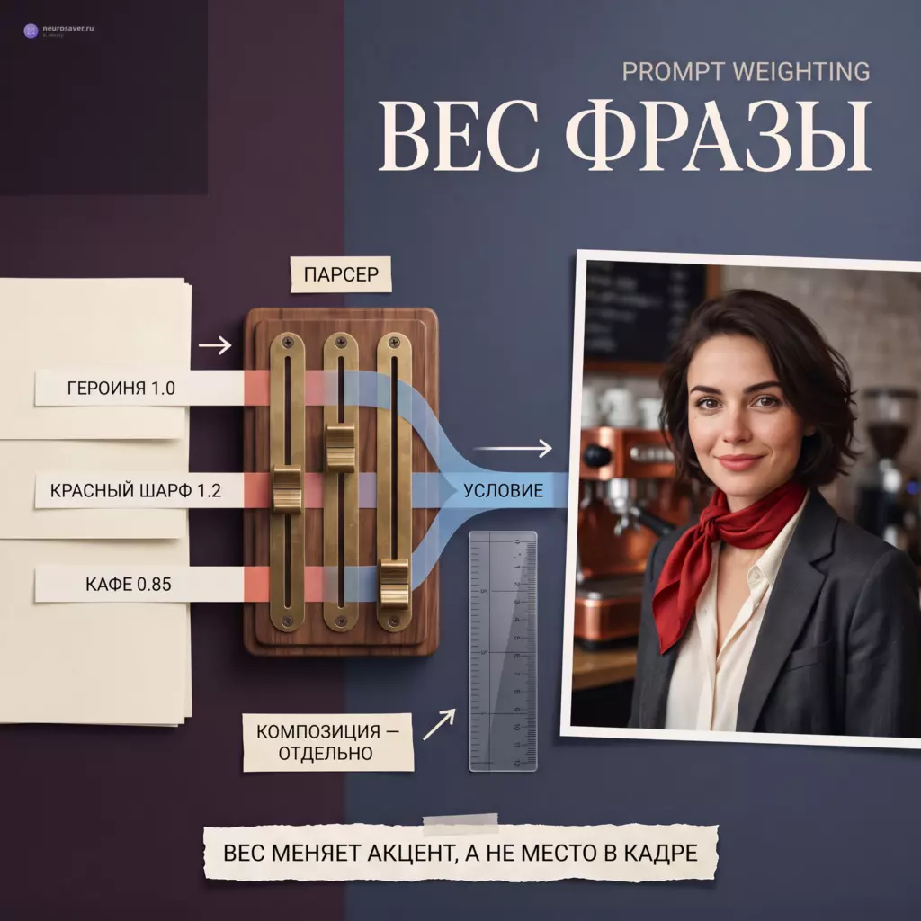 Бумажные фразы проходят через parser с тремя регуляторами веса; красный шарф становится заметнее в итоговом портрете, а сетка композиции остаётся отдельным инструментом.