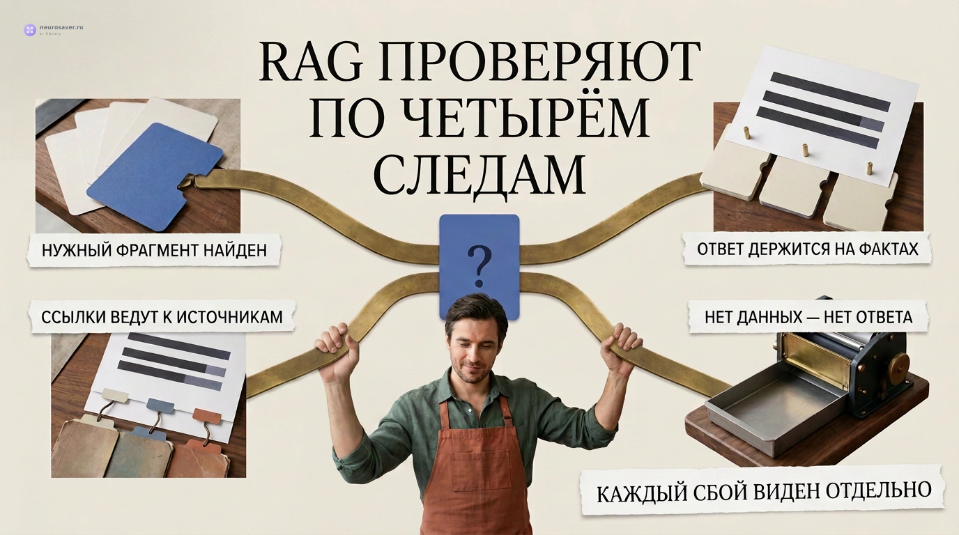 Инспектор проверяет RAG по четырём признакам: найденному фрагменту, опоре ответа на факты, точным ссылкам на источники и честному отказу без данных.
