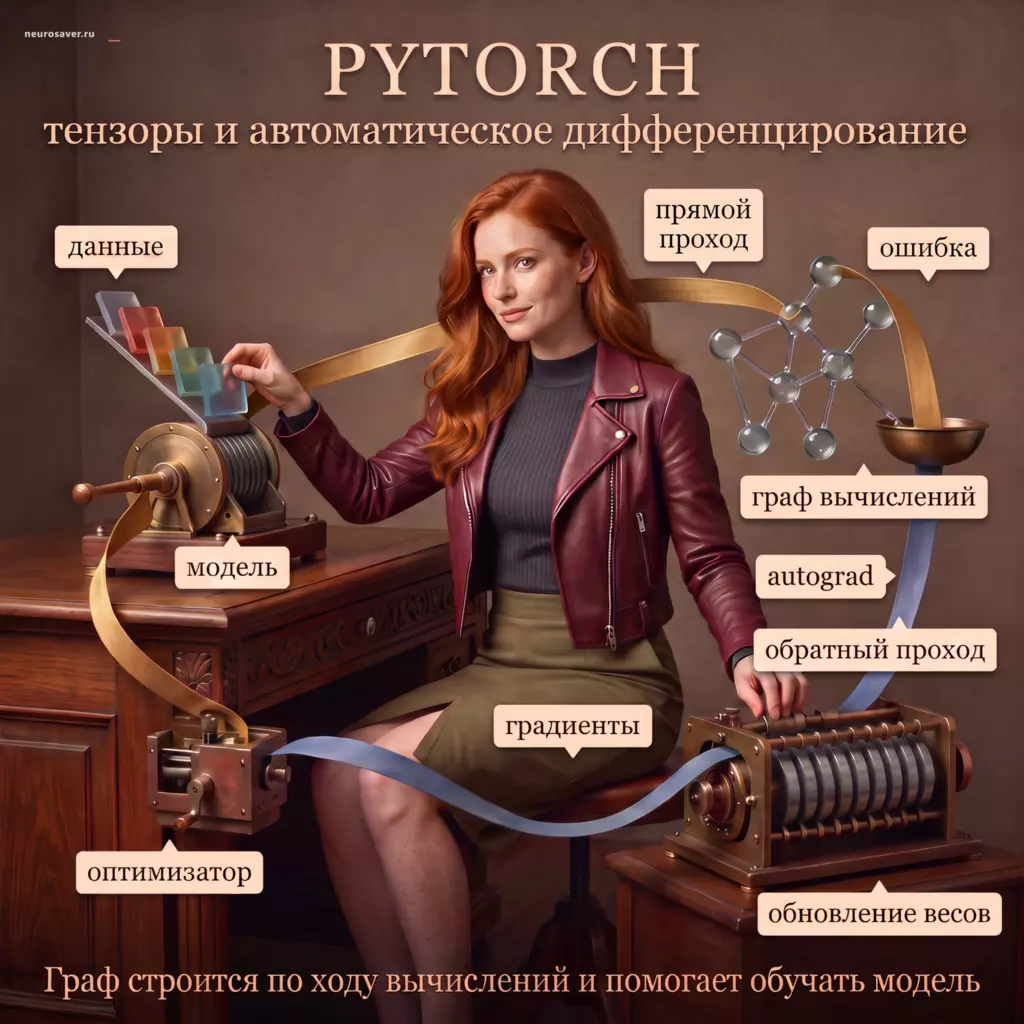 Инженер проводит тензоры через модель PyTorch: прямой проход строит граф и вычисляет ошибку, autograd идёт назад за градиентами, а оптимизатор обновляет веса.