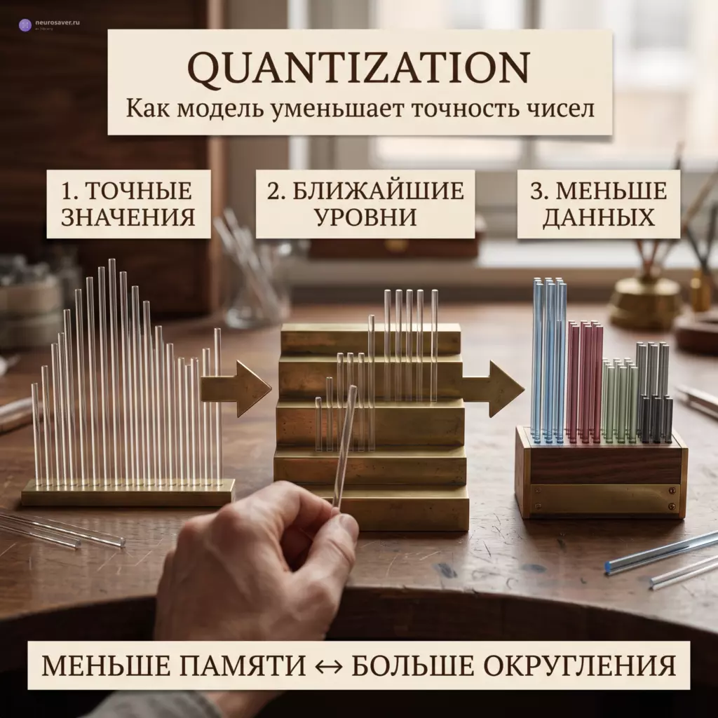 Стеклянная волна точных значений округляется к ближайшим уровням и помещается в компактную кассету, показывая экономию памяти и потерю части точности.