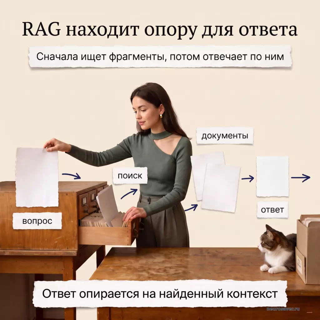 Девушка ищет карточки документов в архиве и собирает ответ: схема работы RAG от вопроса к найденному контексту.