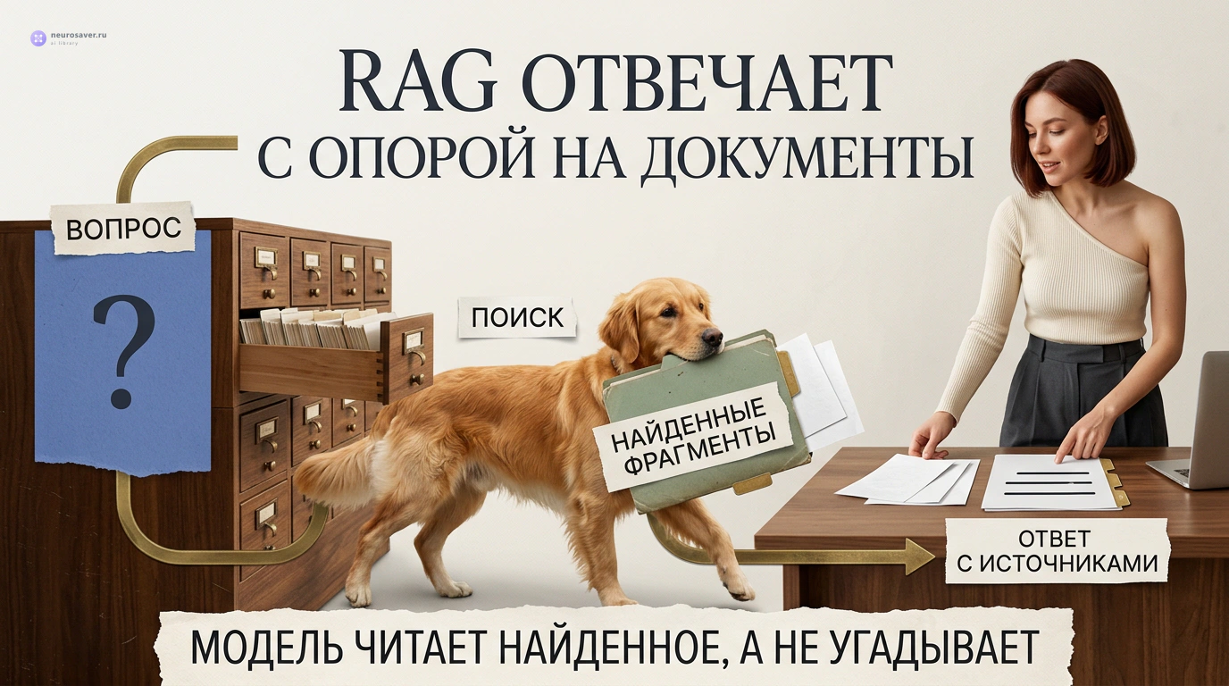 Золотистый ретривер приносит из архива папку с найденными фрагментами, а редактор собирает по ним ответ и сохраняет рядом метки источников.