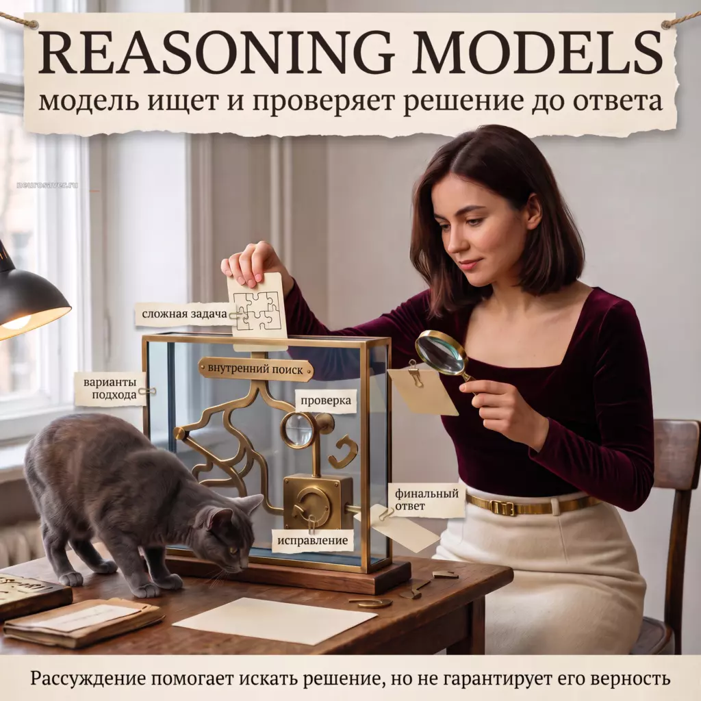 Исследовательница наблюдает, как reasoning-модель перебирает подходы, проверяет и исправляет путь перед финальным ответом; рядом сидит русский голубой кот.