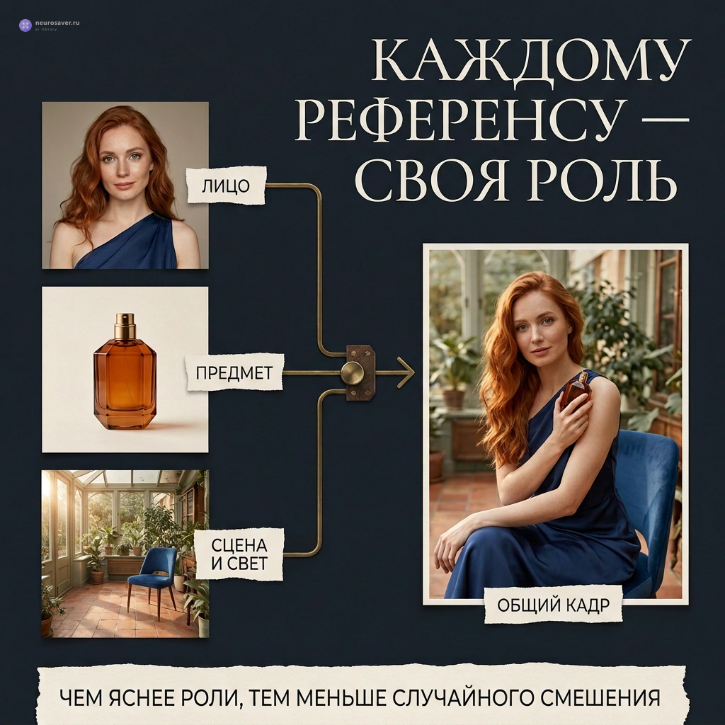 Портрет, предметная фотография флакона и интерьер получают отдельные роли и сходятся в общий кадр с согласованными лицом, предметом, сценой и светом.