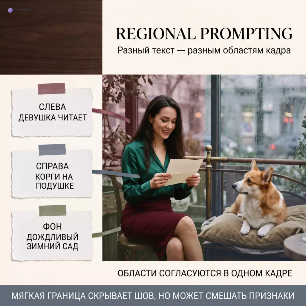 Три бумажные подсказки направляют области общей сцены: слева девушка читает, справа корги лежит на подушке, а фон занимает дождливый зимний сад.