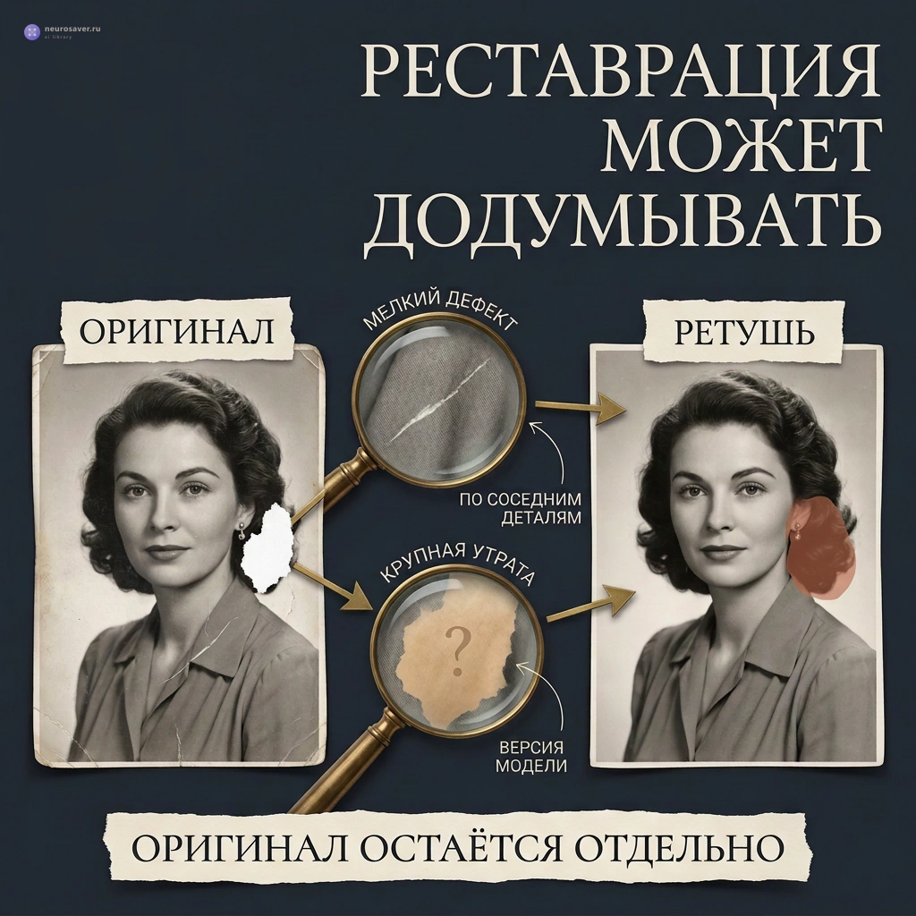 Повреждённый портрет сравнивается с ретушью: мелкая царапина восстанавливается по соседней фактуре, а крупная утрата помечена как версия модели.
