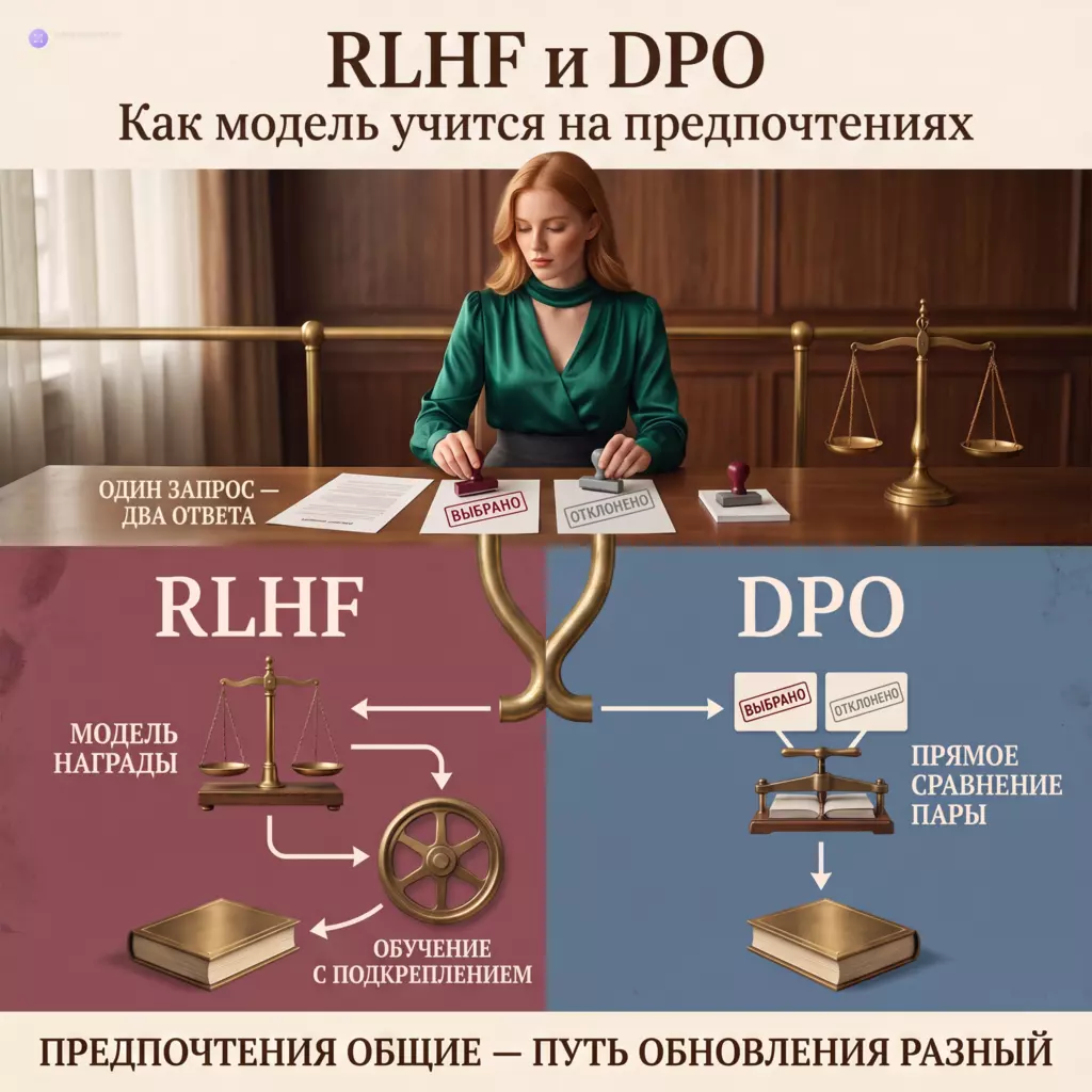 Человек выбирает один из двух ответов, после чего RLHF передаёт предпочтение через модель награды и цикл подкрепления, а DPO напрямую сравнивает выбранный и отклонённый варианты.