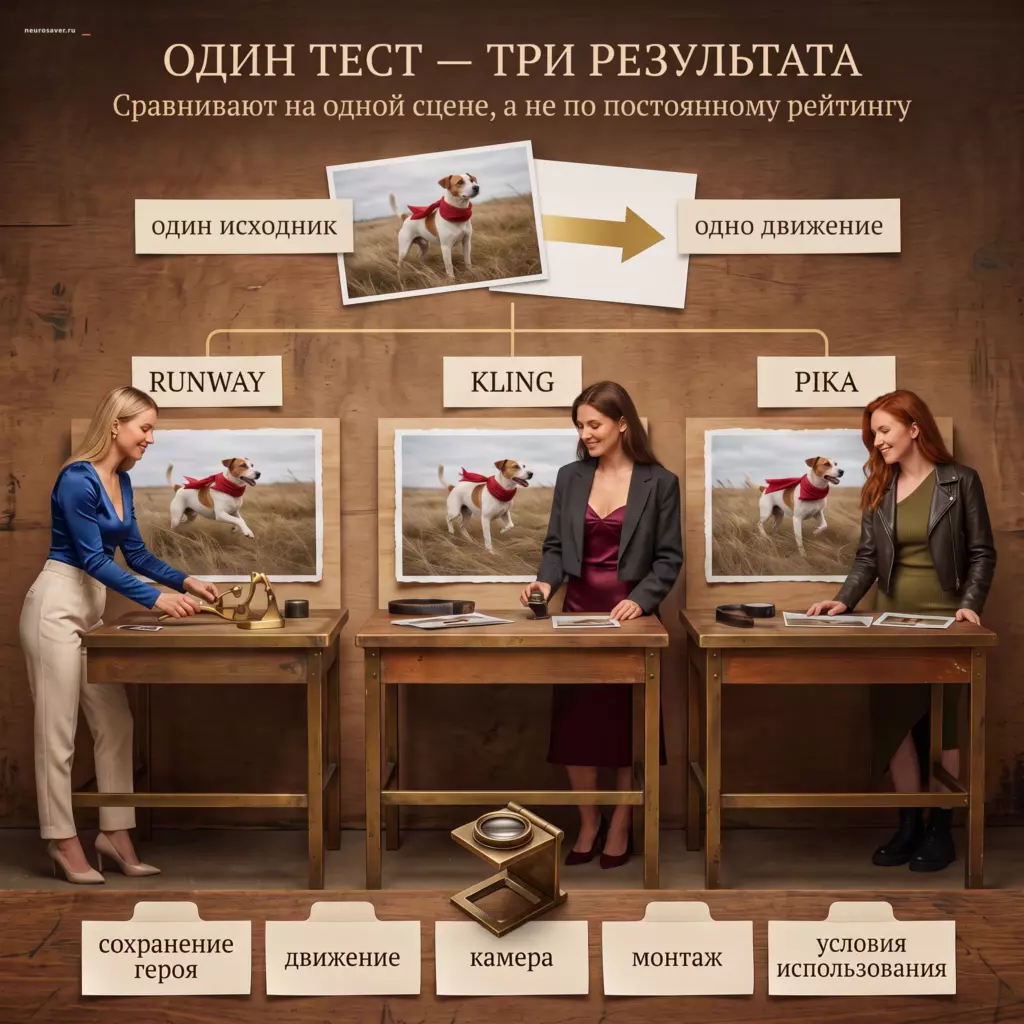 Три видеохудожницы проверяют Runway, Kling и Pika на одном снимке собаки и движении, сравнивая сохранение героя, движение, камеру, монтаж и условия использования без постоянного победителя.