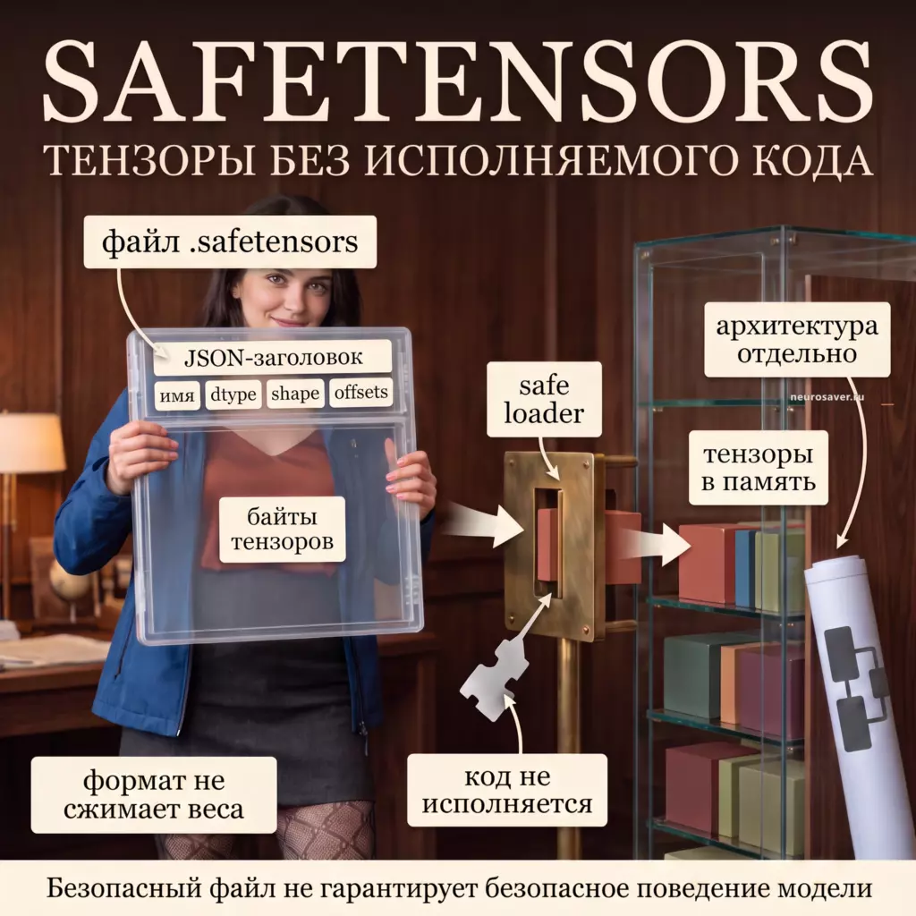 Инженерка показывает Safetensors: JSON-заголовок описывает имя, dtype, shape и offsets, затем идут байты тензоров, которые загрузчик переносит в память без исполнения кода.