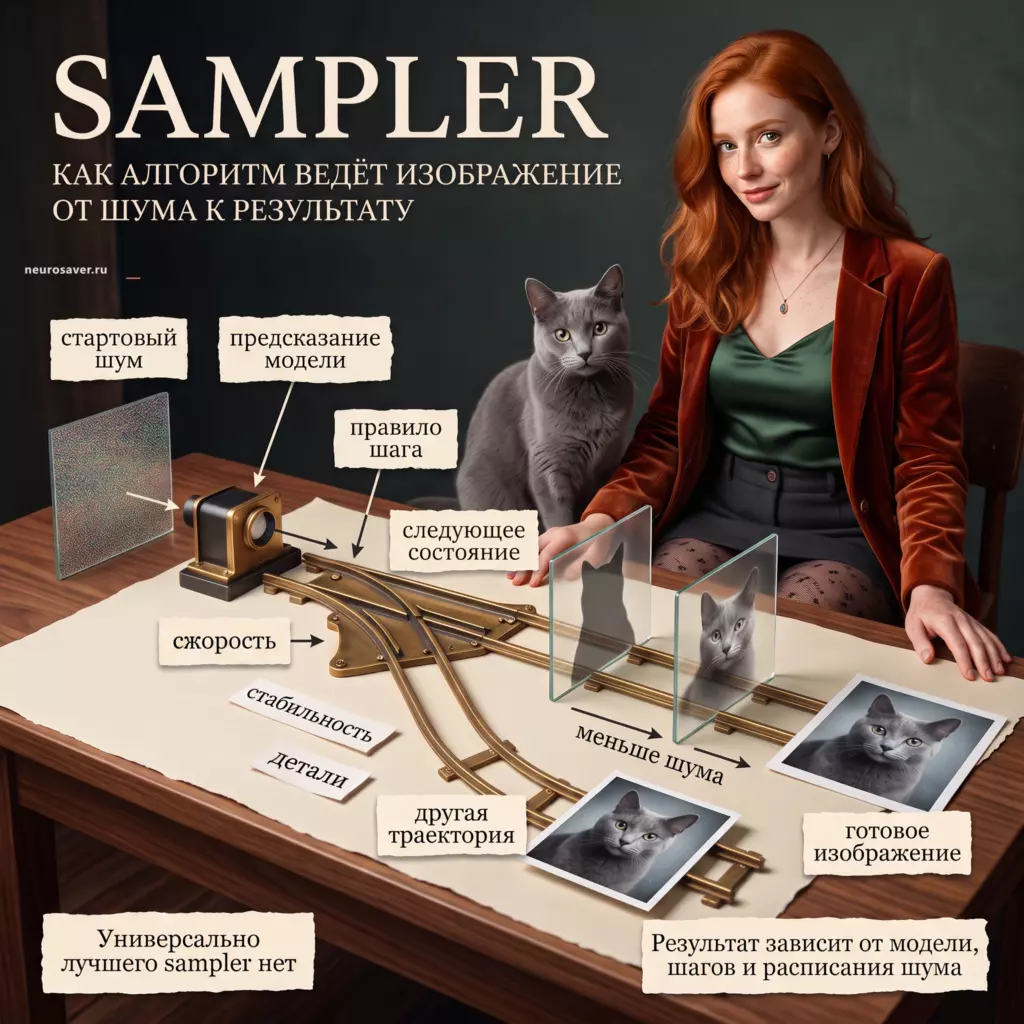 Художница и серый кот показывают sampler: предсказание модели и правило шага вычисляют следующее состояние, а по выбранной траектории из шума возникает изображение.