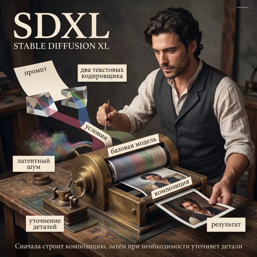 Промпт проходит через два текстовых кодировщика; базовая модель SDXL превращает латентный шум в композицию, а необязательное уточнение деталей готовит итоговое изображение.