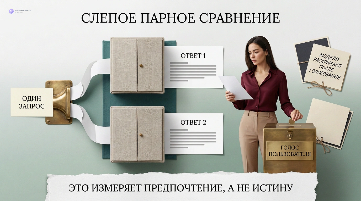 Пользовательница вслепую сравнивает два анонимных ответа на один запрос и голосует до того, как раскрываются названия моделей.