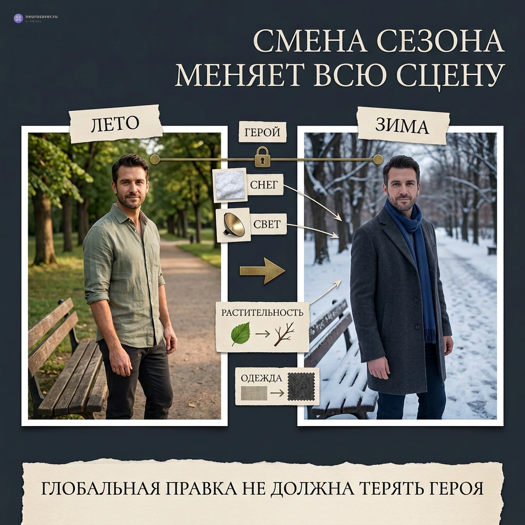 Один мужчина остаётся узнаваемым при смене лета на зиму, а снег, свет, растительность и одежда меняются как связанные части всей сцены.