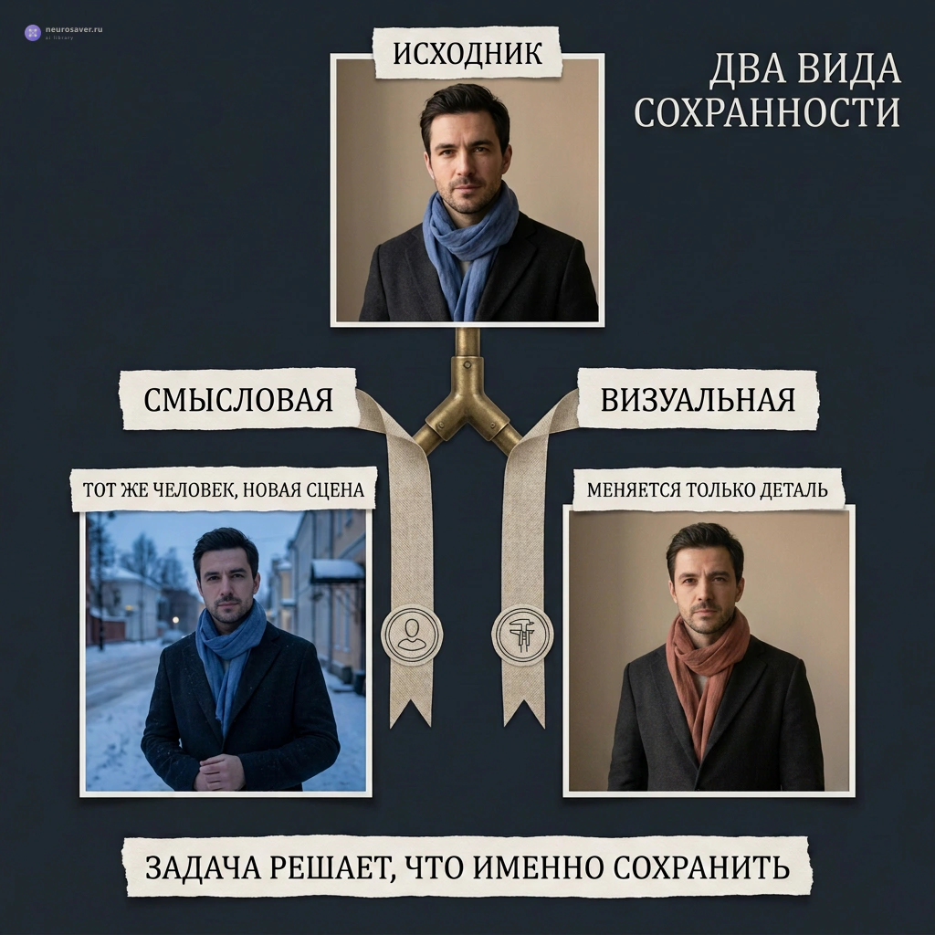 Один портрет расходится на смысловую правку с тем же человеком в новой сцене и визуальную правку, где меняется только цвет шарфа.