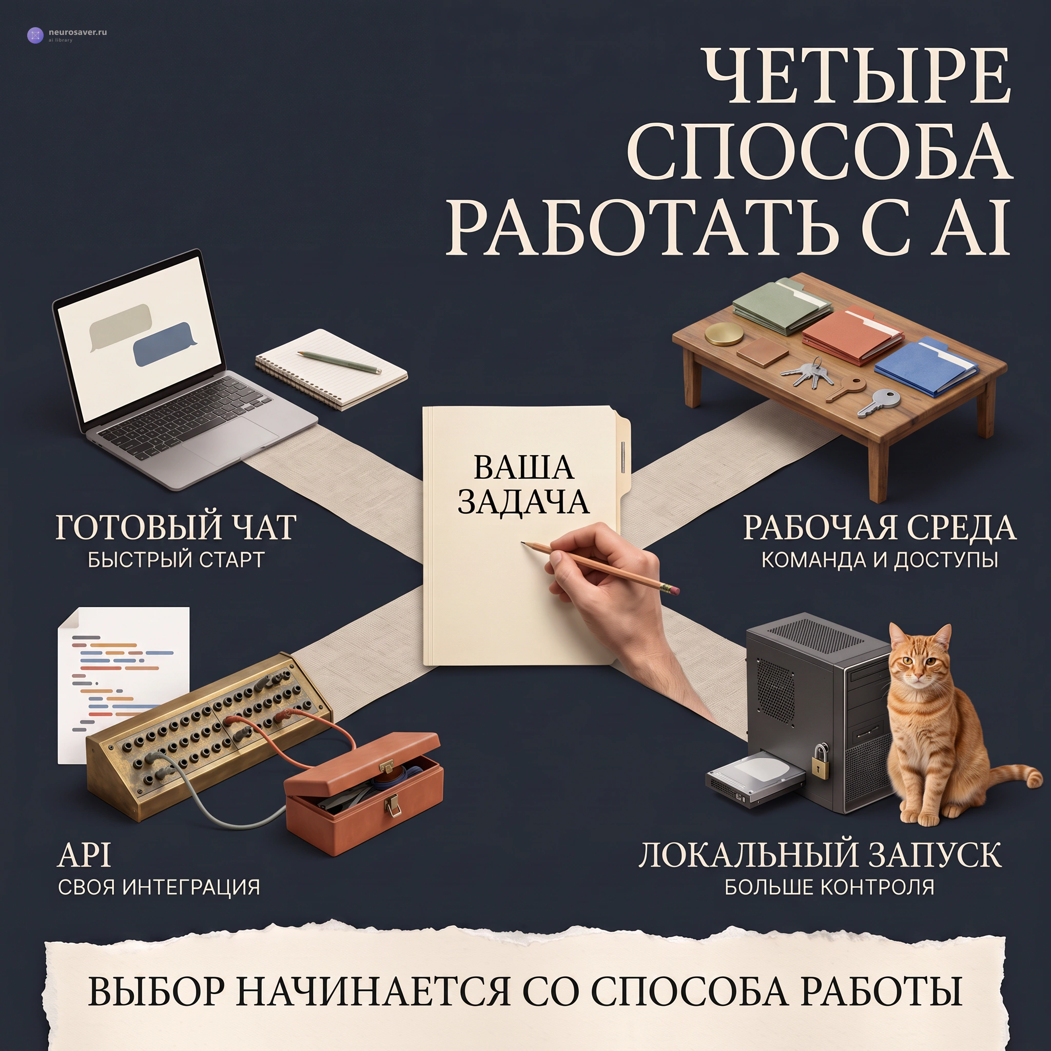 Одна рабочая задача расходится к готовому чату, командной среде, API и локальному запуску, рядом с домашним компьютером сидит рыжий кот.