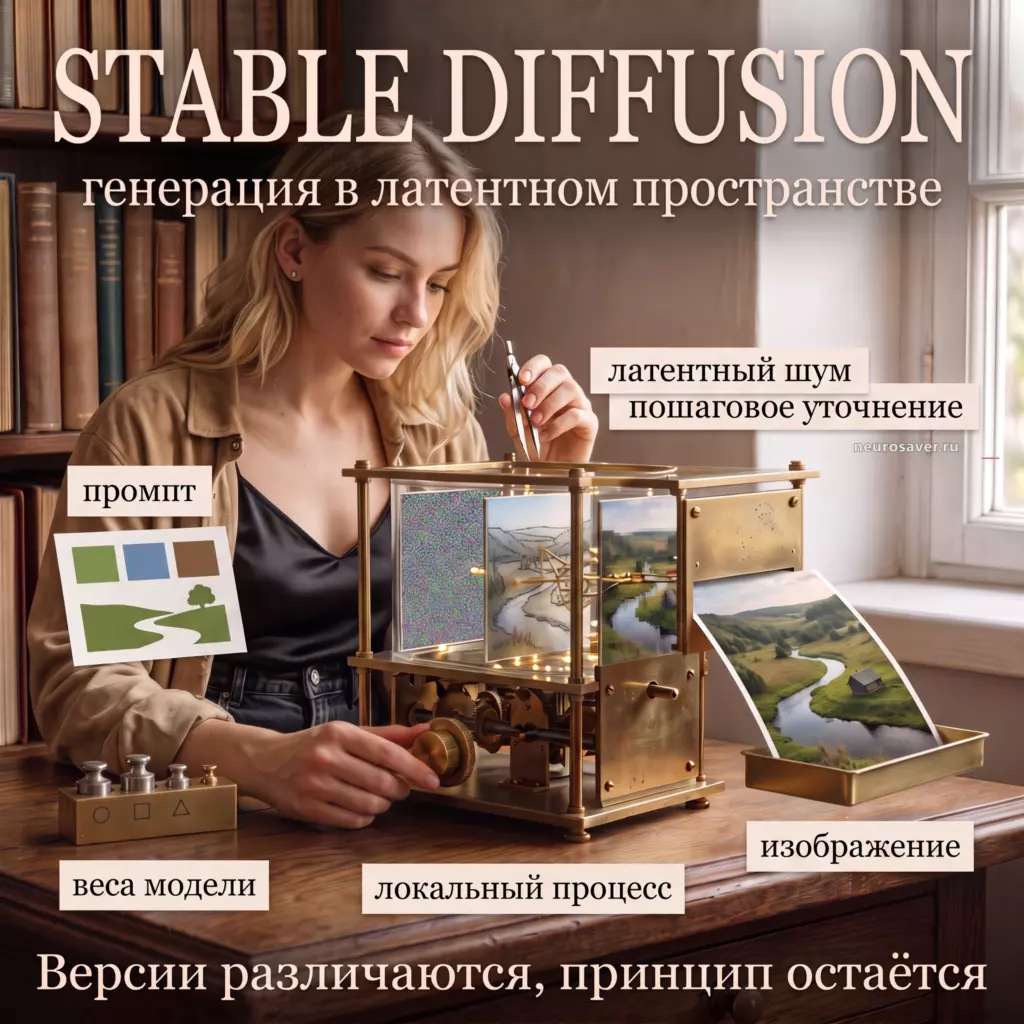 Девушка управляет локальной установкой Stable Diffusion, превращающей промпт и латентный шум в изображение через последовательное уточнение.