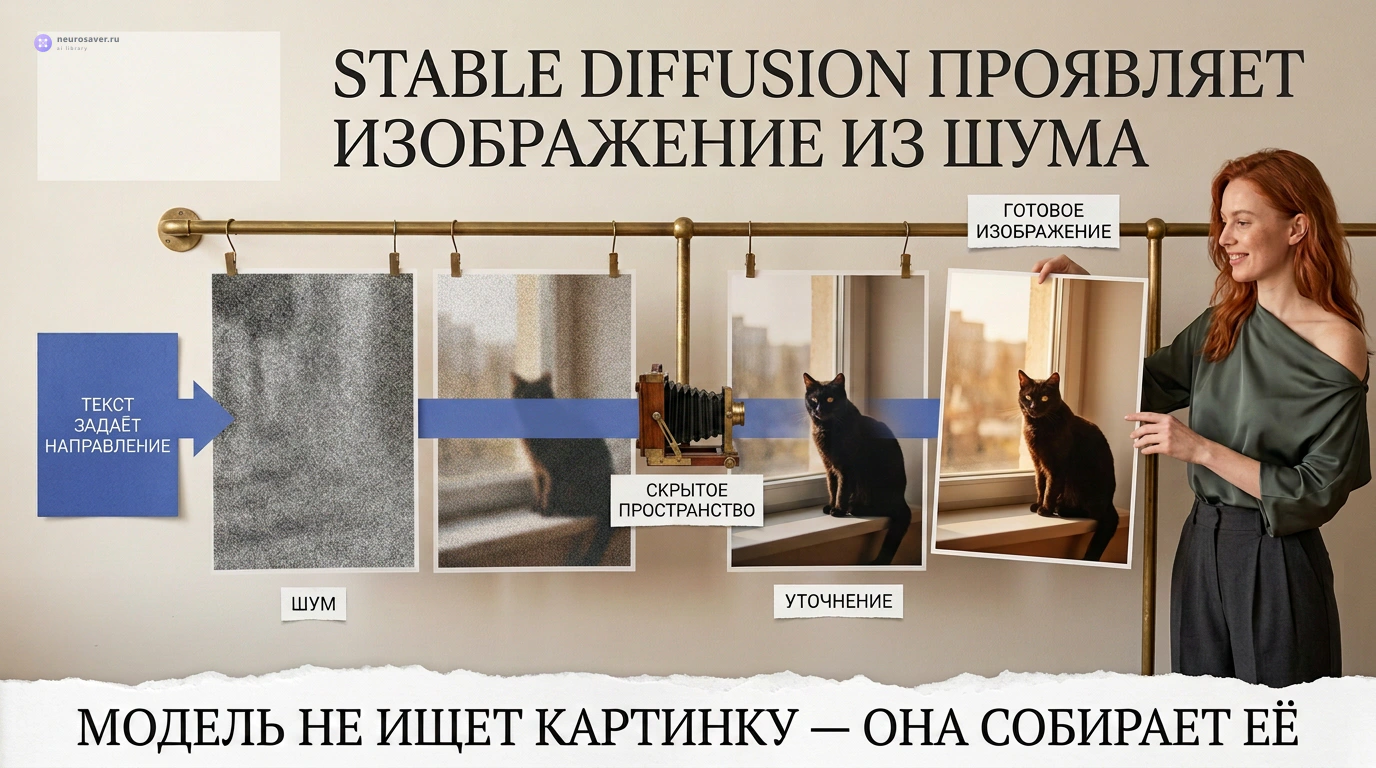 Четыре фотолистка показывают, как Stable Diffusion по текстовому условию постепенно превращает шум в ясное изображение чёрного кота у окна.