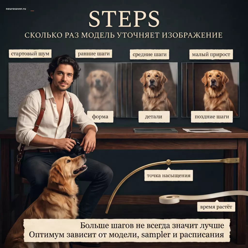 Фотограф и золотистый ретривер показывают Steps: ранние, средние и поздние итерации уточняют изображение, а после точки насыщения время растёт быстрее заметного прироста.
