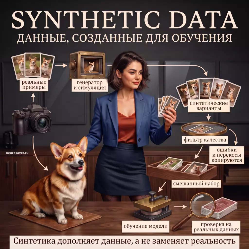 Кураторка данных и корги показывают synthetic data: реальные примеры поступают в генератор, варианты проходят фильтр, смешиваются с реальными и проверяются на отдельном наборе.