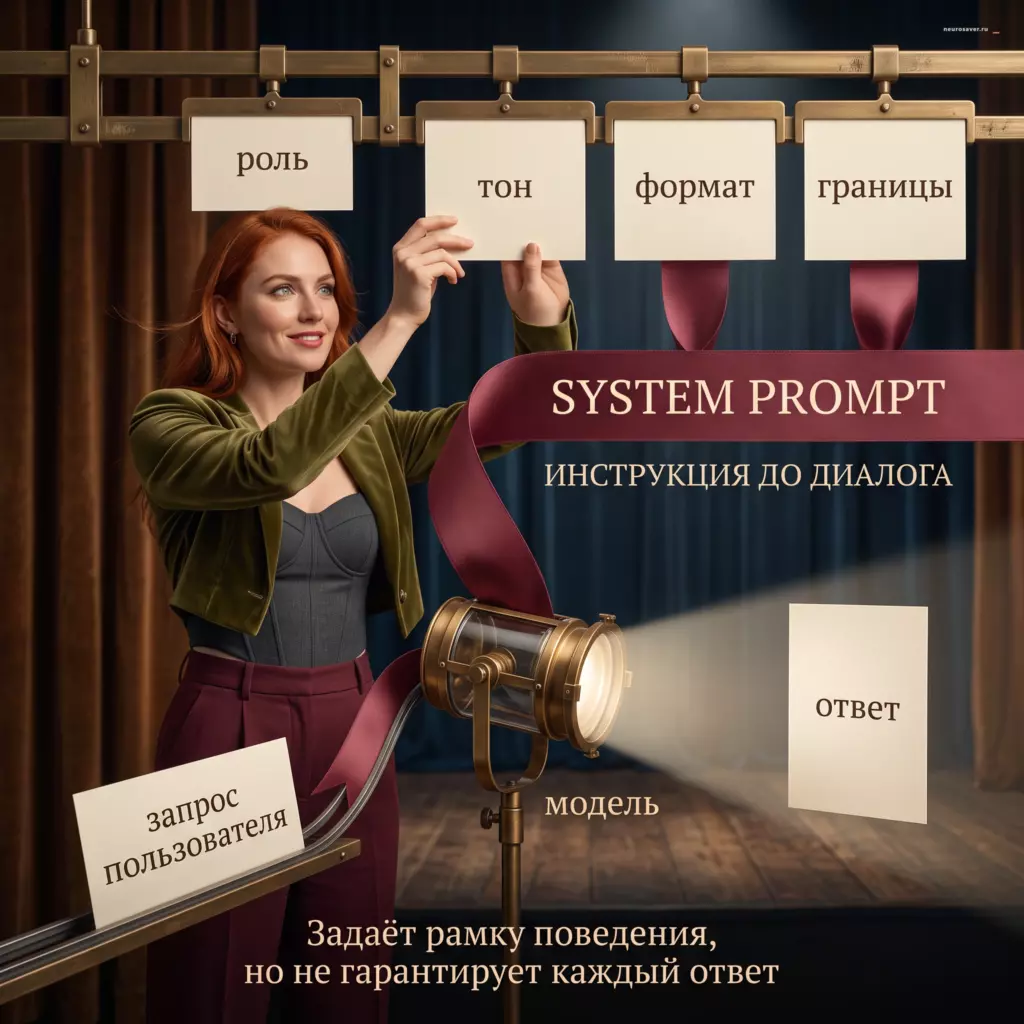 Режиссёрка задаёт system prompt из роли, тона, формата и границ; модель соединяет эту рамку с запросом пользователя и формирует ответ без гарантии абсолютного соблюдения.