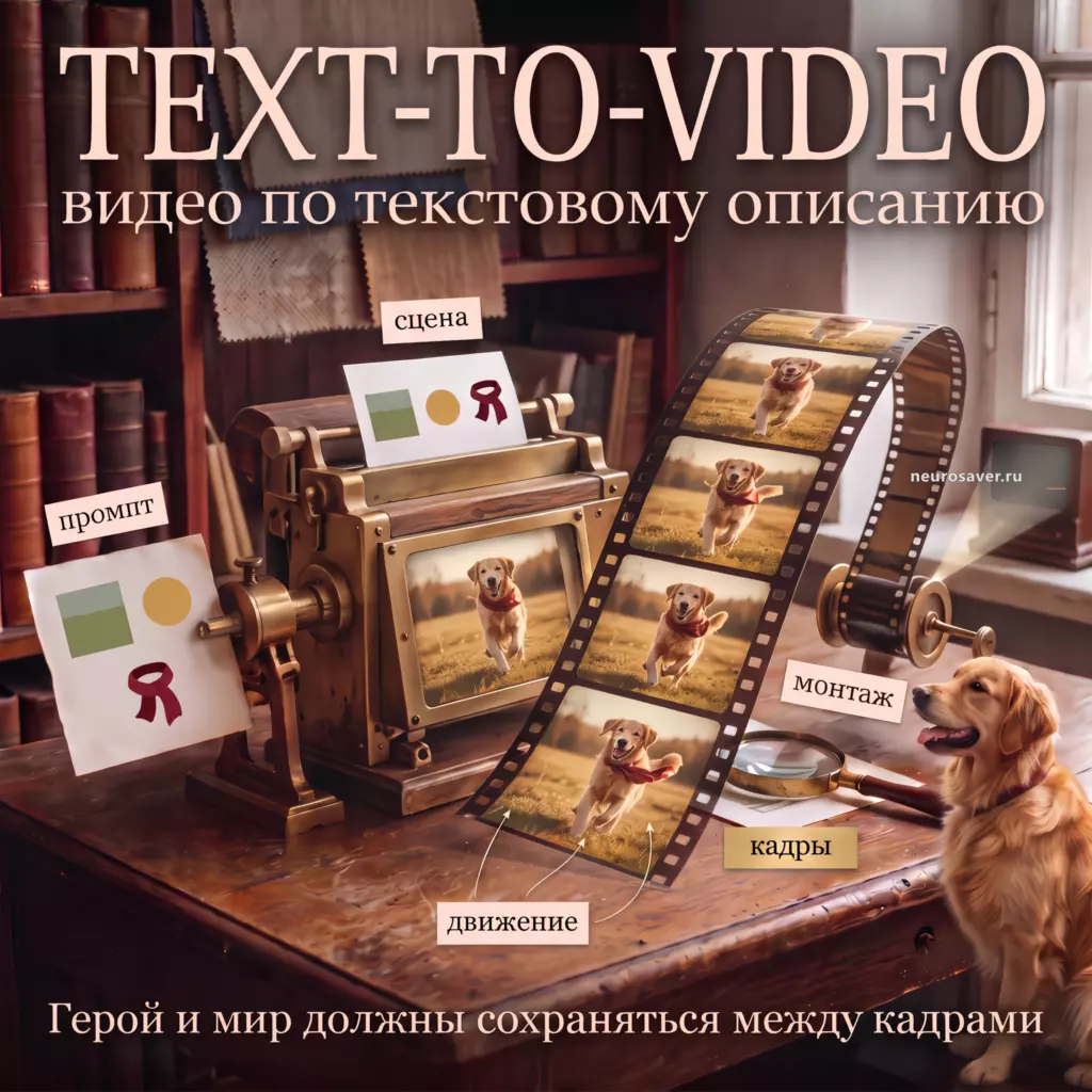 Золотистый ретривер с красным шарфом проходит через последовательность согласованных кадров от текстового промпта к готовому видеоклипу.