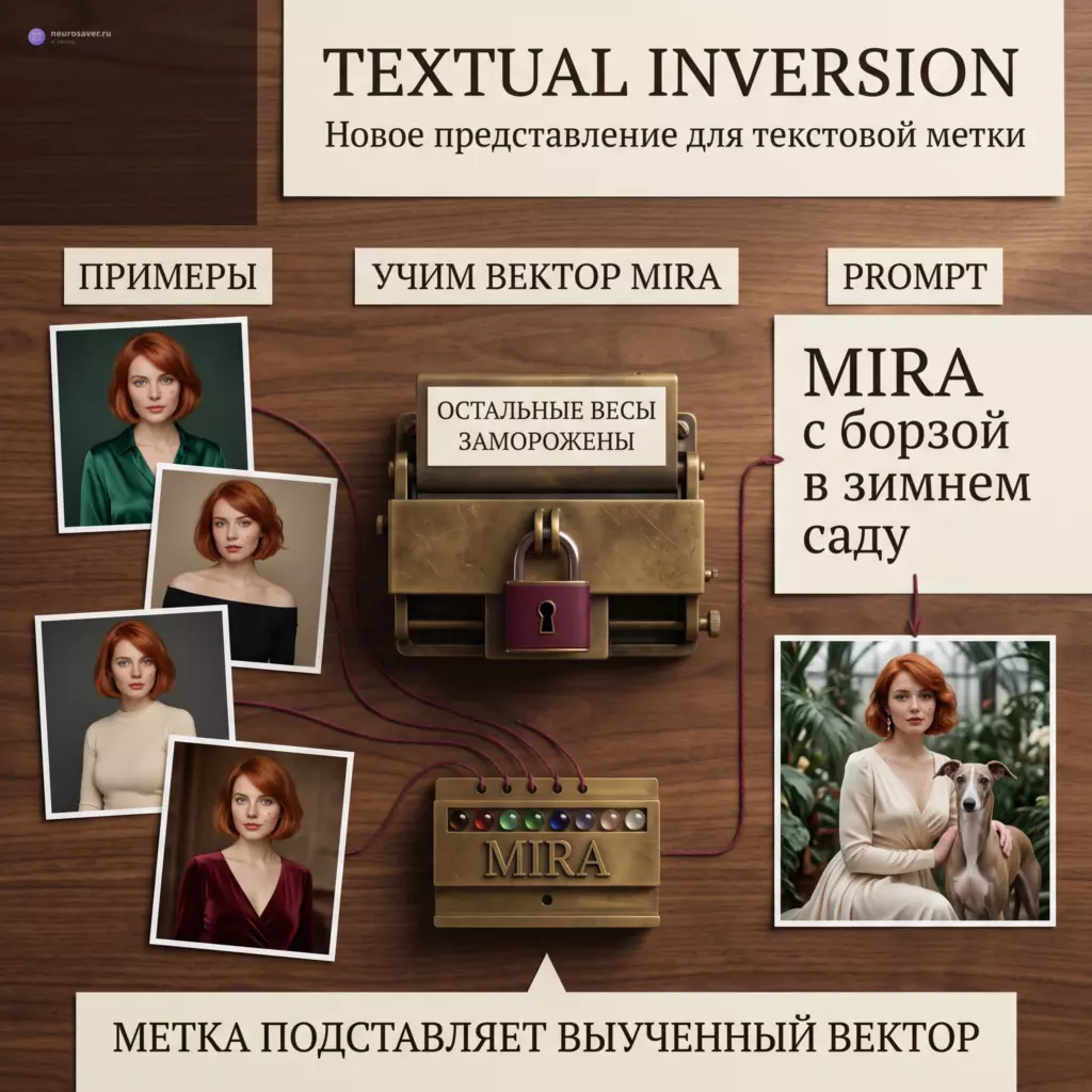 Четыре фотографии одной рыжеволосой девушки обучают латунную литеру MIRA, остальные веса заперты, а новый промпт переносит героиню к борзой в зимний сад.