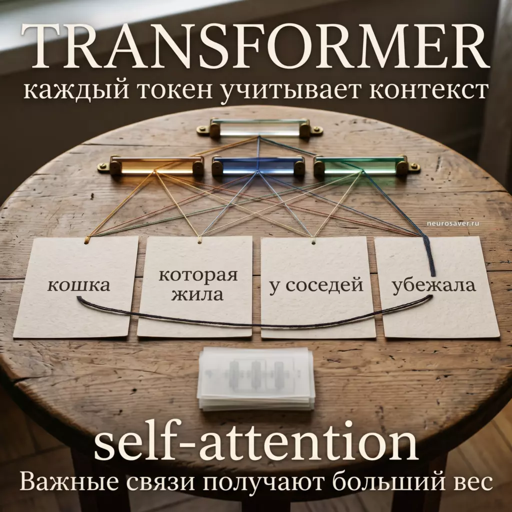 Карточки слов и цветные связи показывают self-attention: слово «убежала» сильнее связано с «кошка», чем с соседними словами.