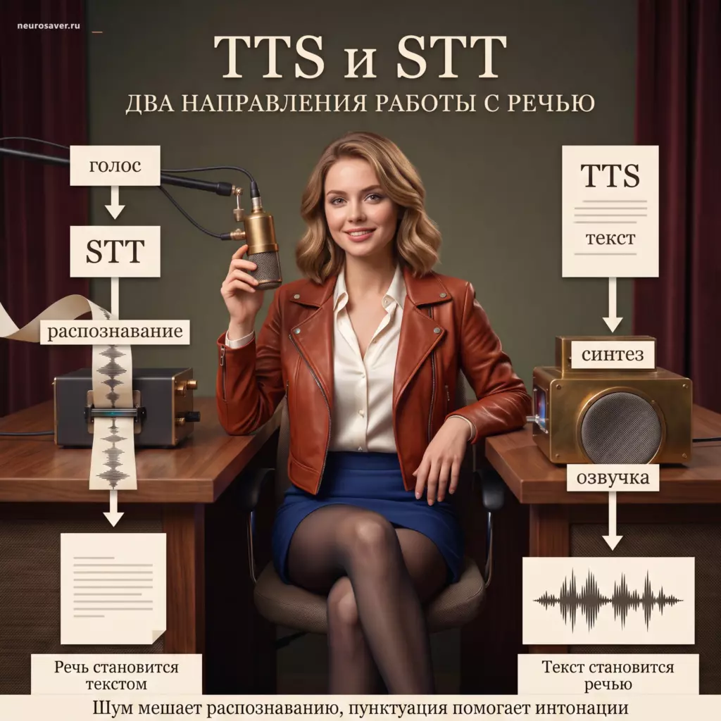 Радиоведущая показывает два направления голосового AI: STT превращает речь из микрофона в текст, а TTS преобразует текст в озвучку с ритмом, паузами и интонацией.