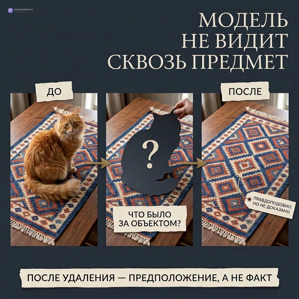 Рыжий кот закрывает узор ковра; после его удаления редактор достраивает скрытую область правдоподобно, но не восстанавливает доказанный фон.