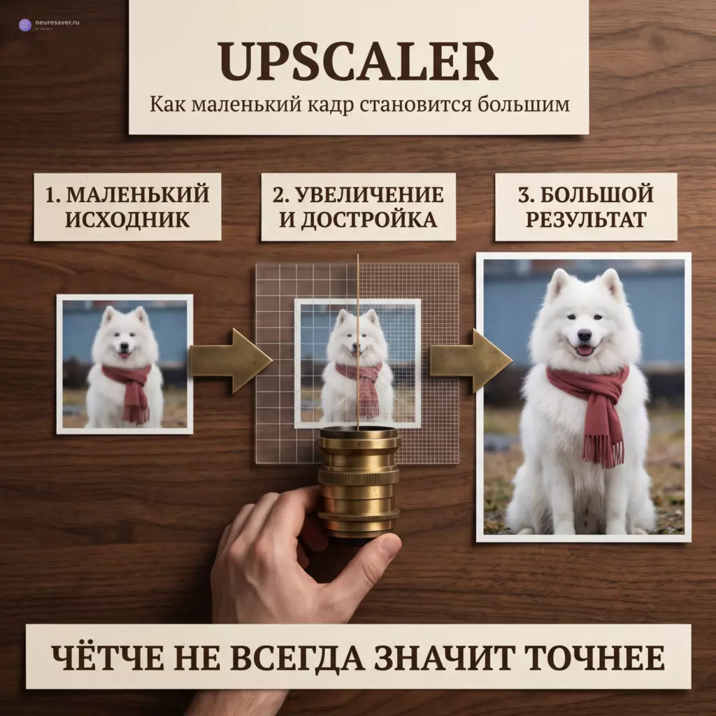 Маленький пиксельный снимок самоеда проходит через увеличитель и становится большим детальным отпечатком с напоминанием, что новые детали могут быть достроены.