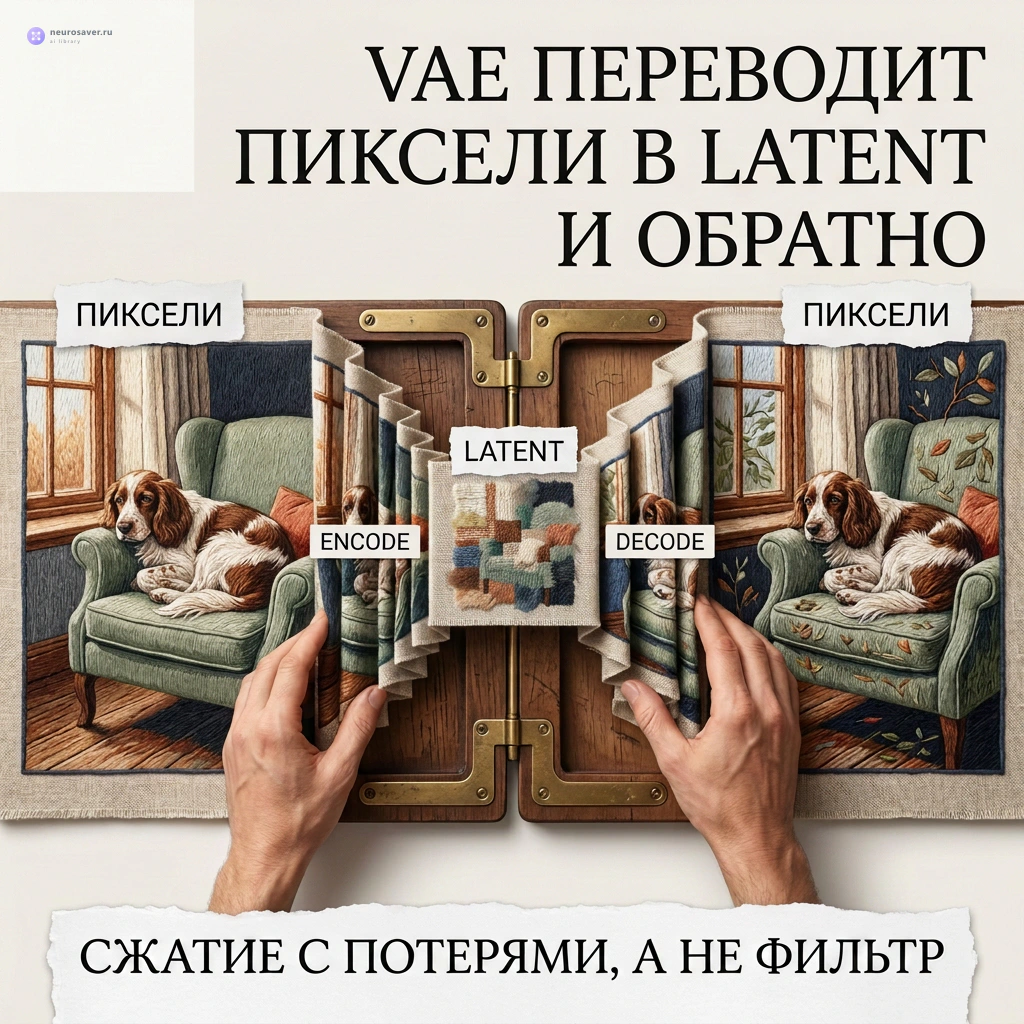 Вышитая сцена с собакой проходит через VAE Encode в компактный latent, а VAE Decode разворачивает его обратно в пиксели с небольшими потерями деталей.