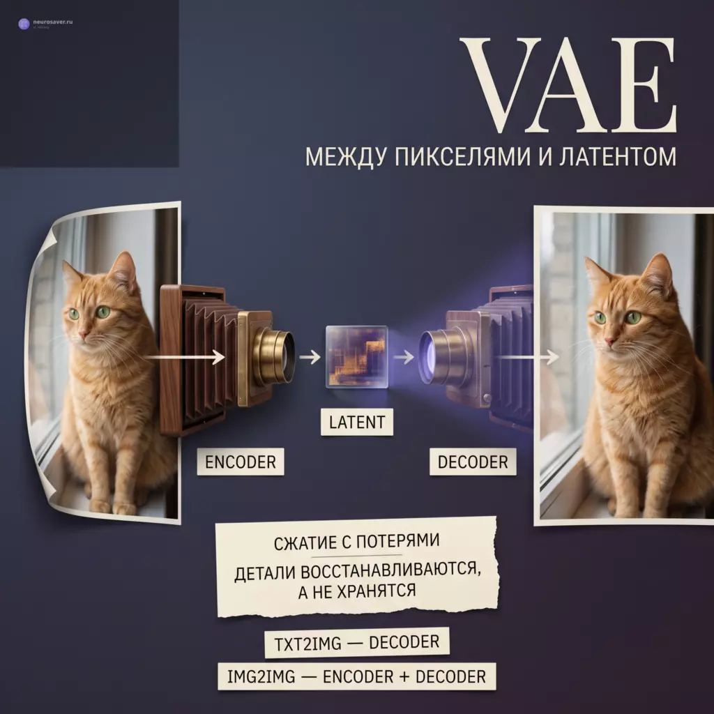 Фотография рыжего кота проходит через VAE Encoder в маленький латент, а Decoder восстанавливает второй отпечаток с немного изменившимися деталями шерсти.