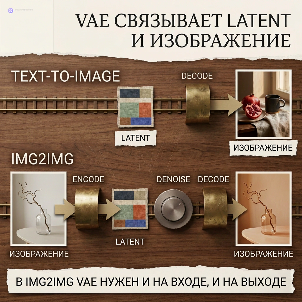 Два маршрута показывают, что text-to-image использует VAE Decode на выходе, а img2img добавляет VAE Encode перед изменением latent и Decode после него.