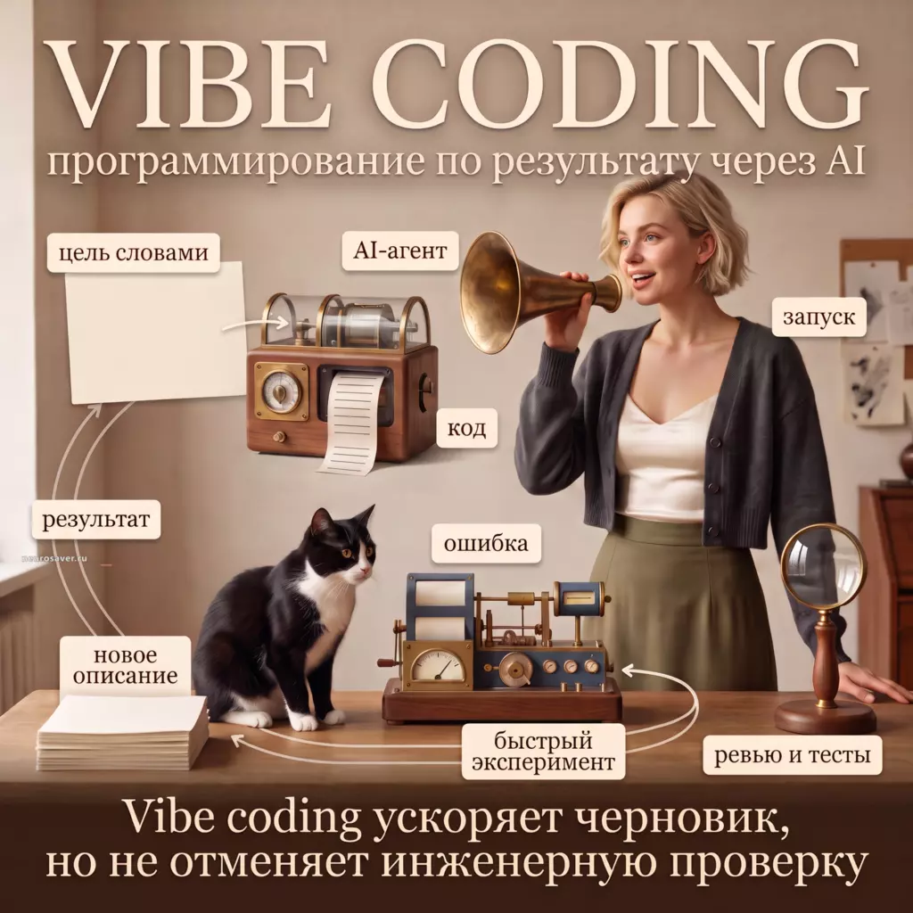 Создательница прототипа описывает цель AI-агенту, который печатает код и запускает результат; ошибка возвращается в новое описание, а отдельная ветка добавляет ревью и тесты.