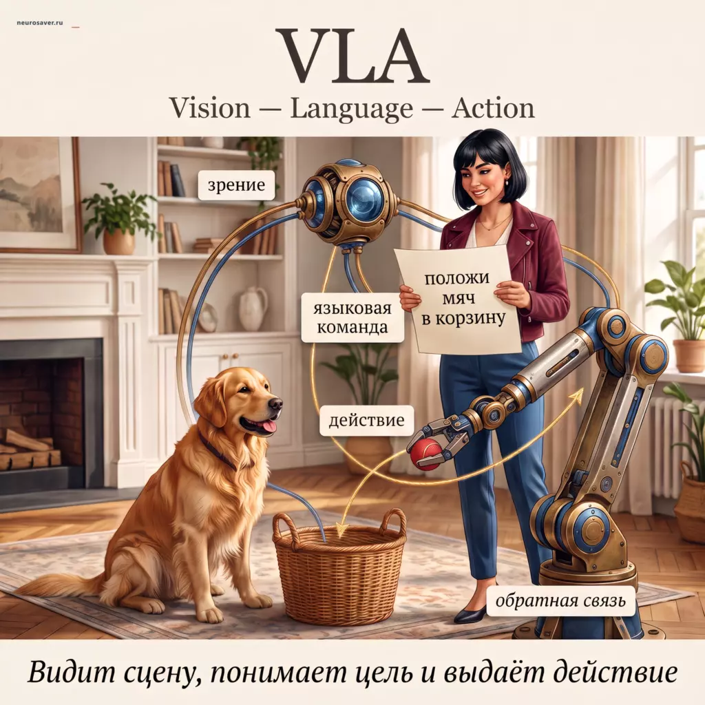 Девушка даёт VLA-модели команду положить мяч в корзину: робот видит сцену с собакой, понимает цель, переносит мяч и получает обратную связь.