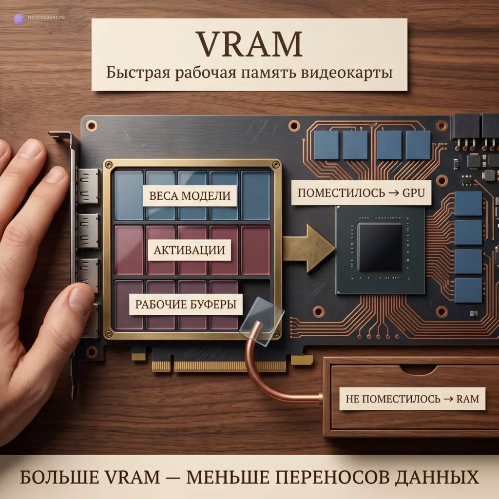 Открытая видеокарта показывает VRAM: веса модели, активации и рабочие буферы помещаются рядом с GPU, а лишние данные переносятся в системную RAM.