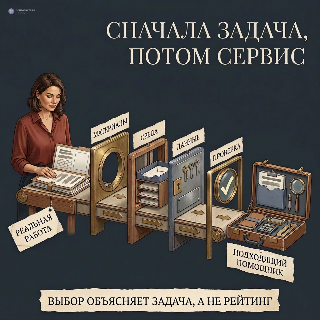 Папка с реальной рабочей задачей проходит фильтры материалов, среды, данных и проверки, после чего выбирается подходящий AI-помощник.