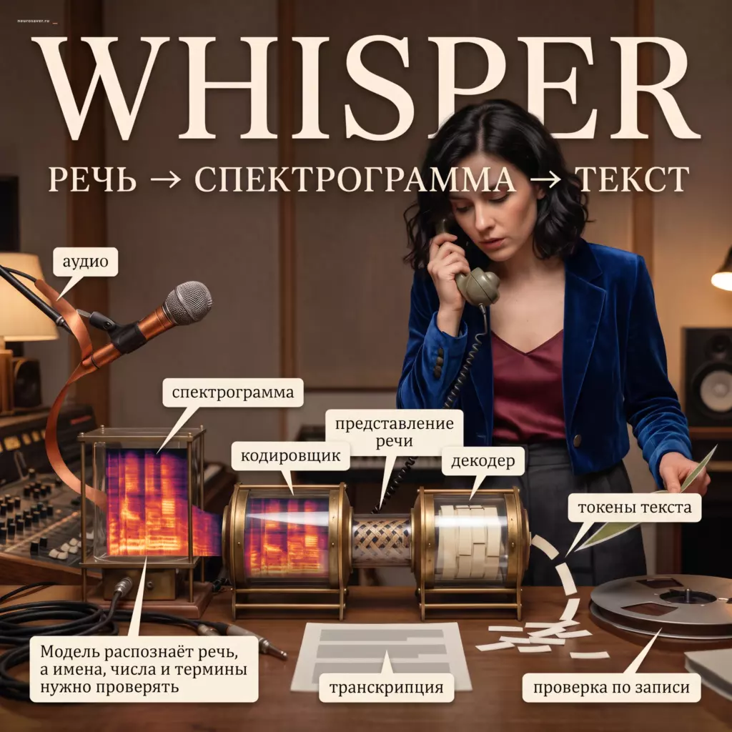 Аудиоредакторка превращает речь в спектрограмму; кодировщик Whisper строит представление сигнала, декодер выдаёт текстовые токены, а транскрипция проходит проверку по записи.