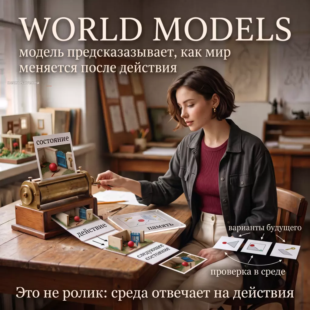 Разработчица меняет действие в диораме, а World Model обновляет состояние мира, сохраняет скрытый объект в памяти и сравнивает несколько будущих состояний.