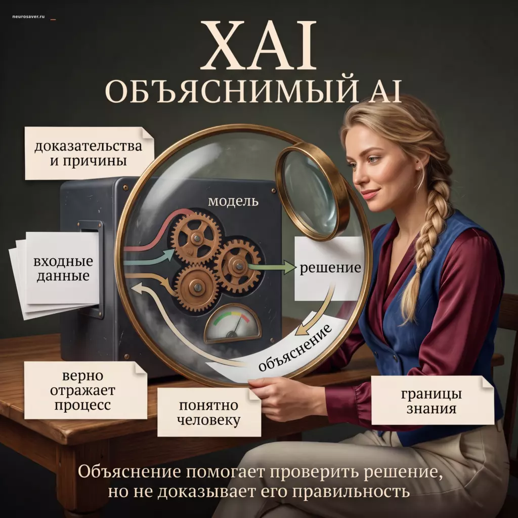 Аудитор прослеживает через линзу путь от входных данных через модель к решению; объяснение показывает причины, верность процессу, понятность человеку и границы знания.