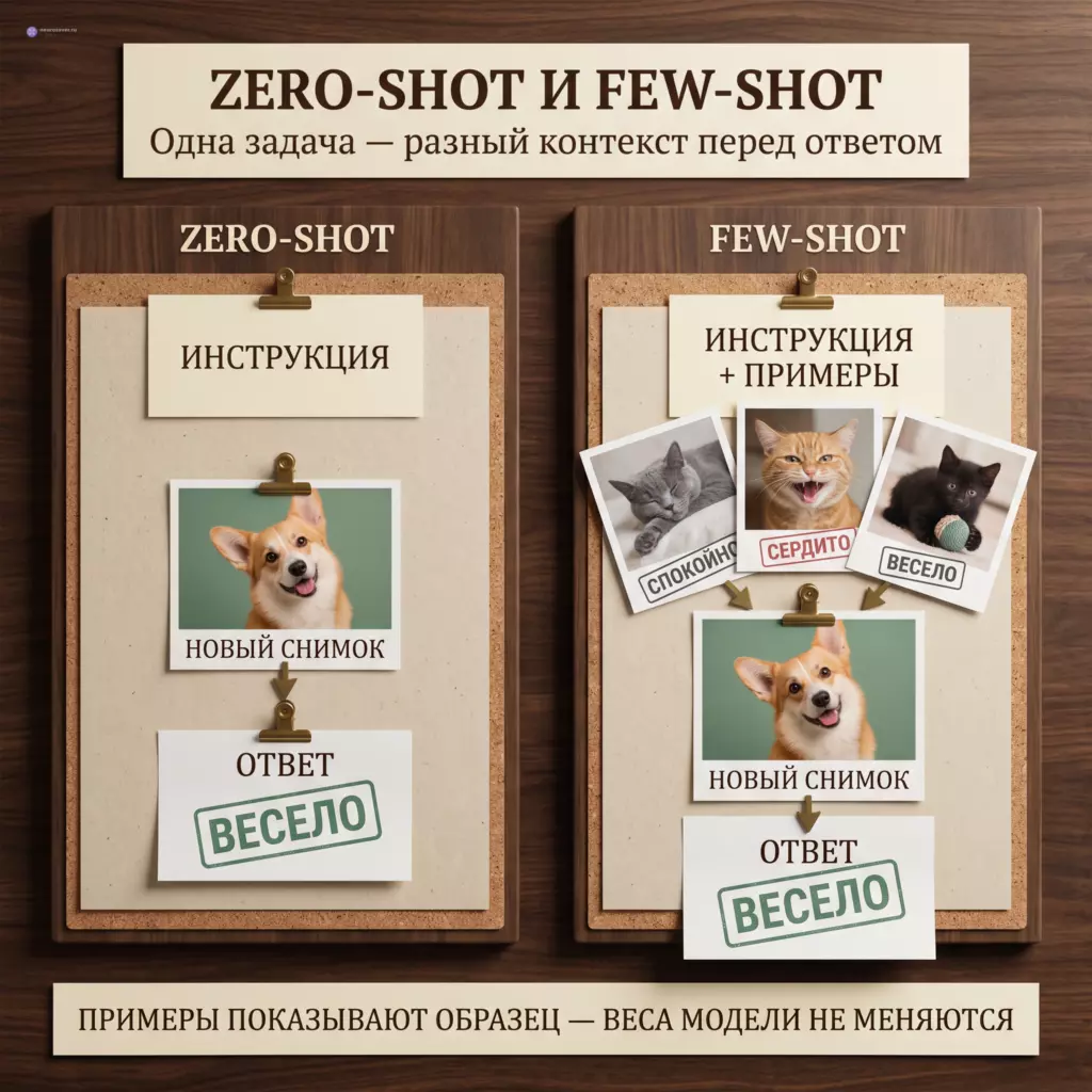 Две редакционные доски сравнивают zero-shot с одной инструкцией и few-shot с размеченными снимками питомцев, показывая, как примеры задают образец ответа.