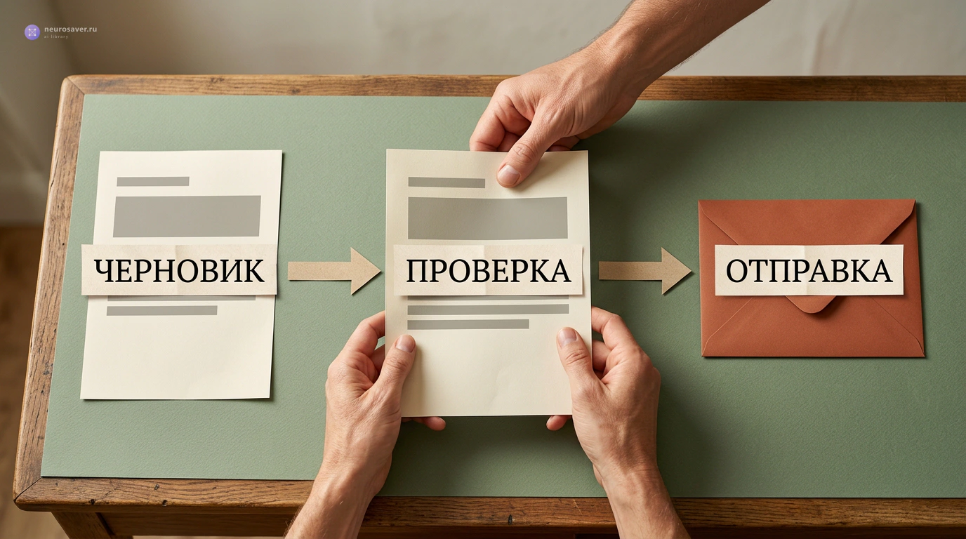 Черновик проходит проверку человеком перед отправкой: три этапа на бумажных карточках