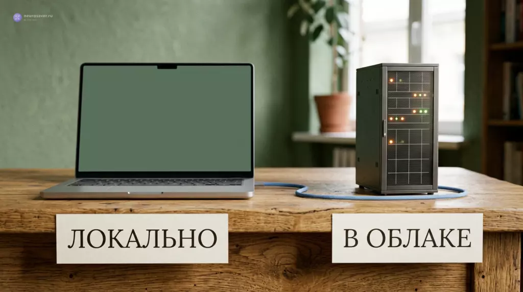 Ноутбук с подписью «Локально» и миниатюрная серверная стойка с подписью «В облаке»
