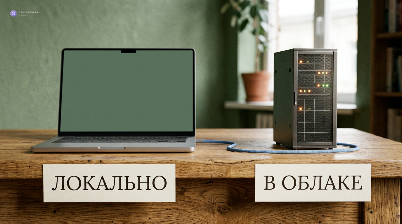 Ноутбук с подписью «Локально» и миниатюрная серверная стойка с подписью «В облаке»