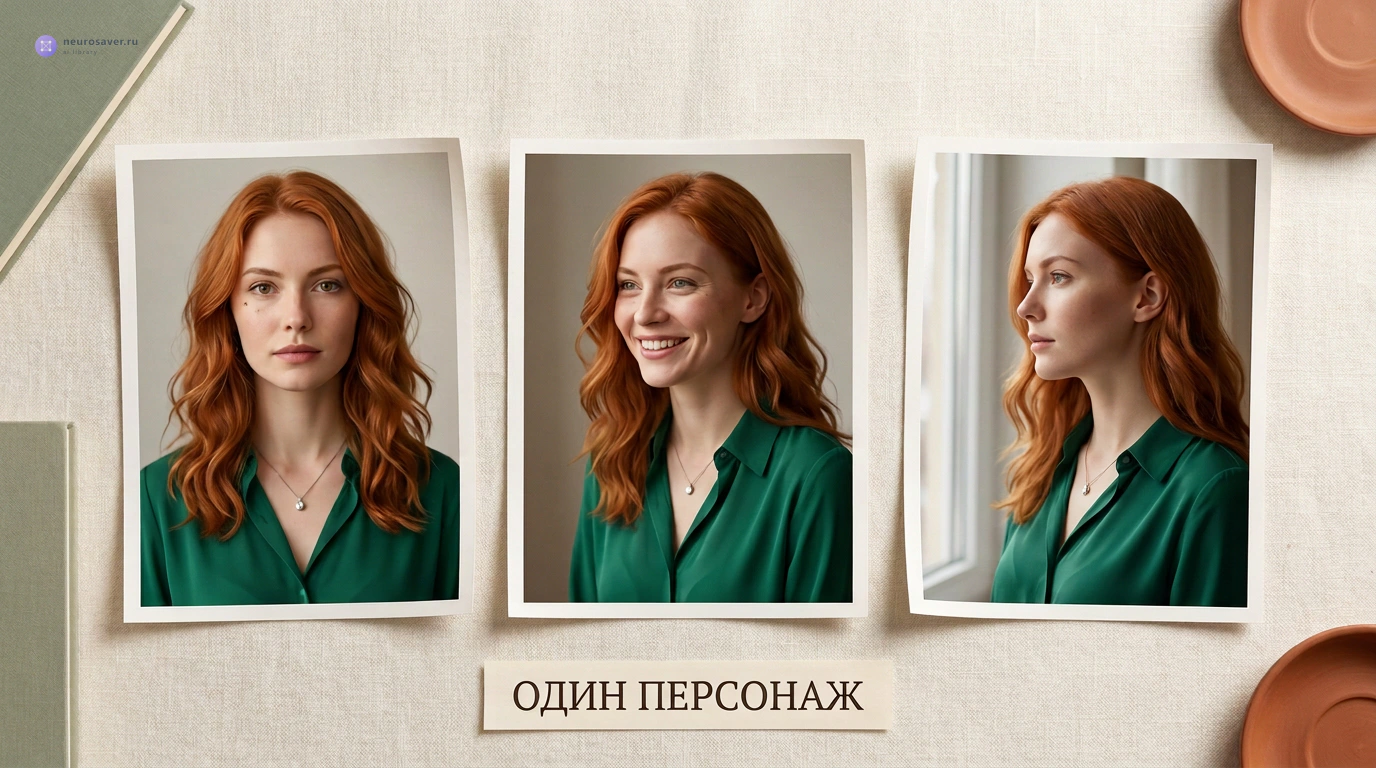 Три концептуальных портрета рыжеволосой героини в зелёной блузке: анфас, с улыбкой и в профиль